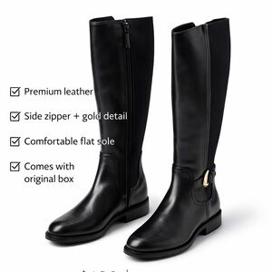 Cole Haan Black Leather Knee-High Riding Boots with Gold Buckle Accent